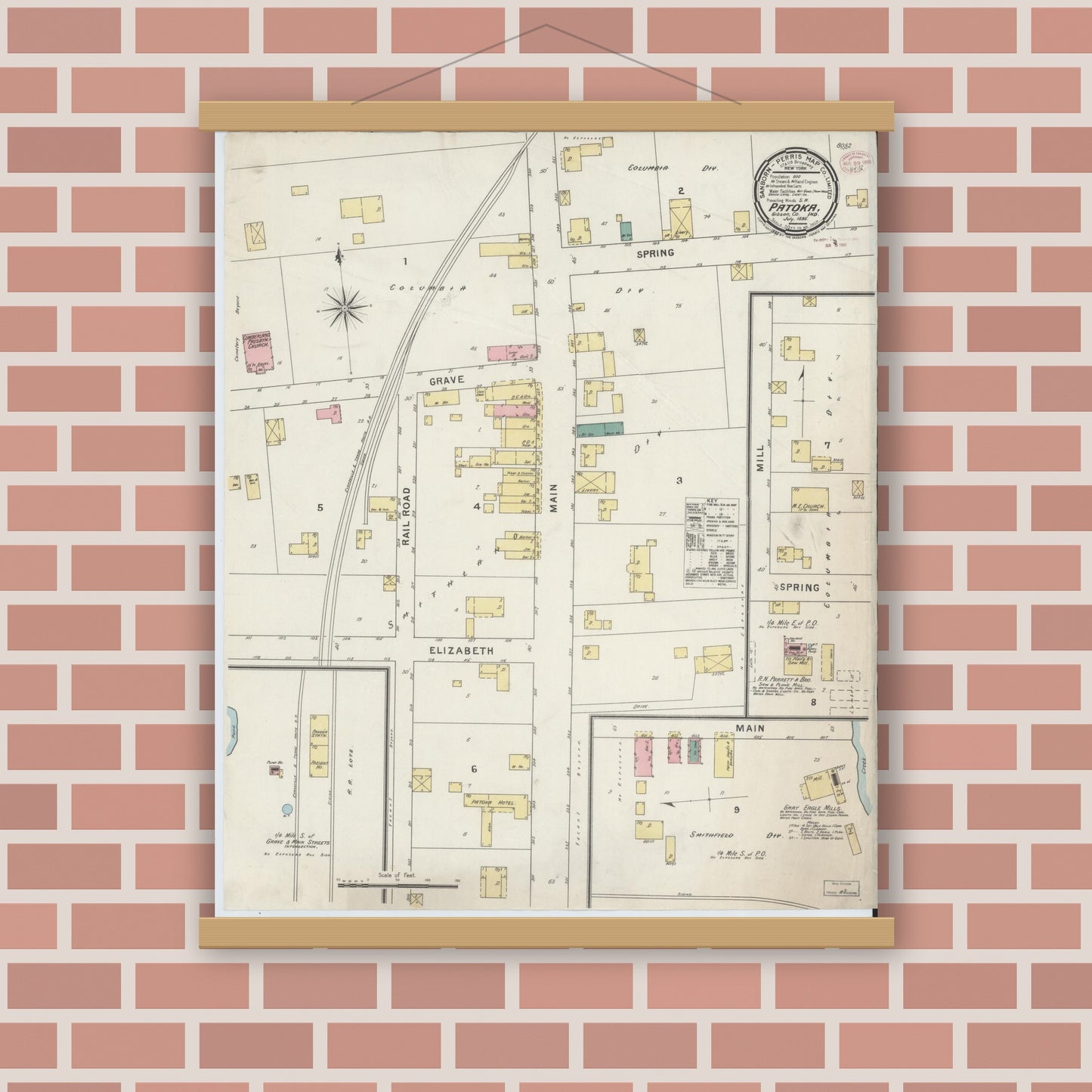 Old map wall art mockup — magnetic wood frame on brick wall — Sanborn Fire Insurance Map from Patoka, Gibson County, Indiana (1895), Sheet #0001