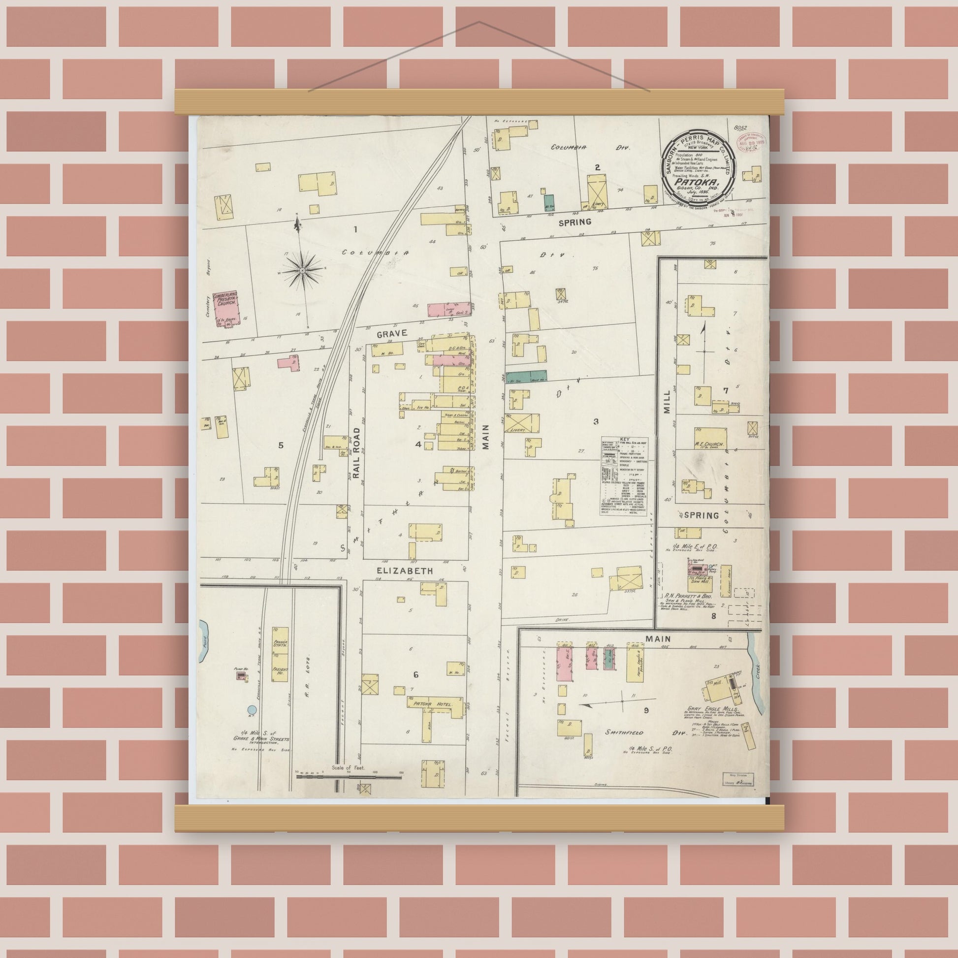 Old map wall art mockup — magnetic wood frame on brick wall — Sanborn Fire Insurance Map from Patoka, Gibson County, Indiana (1895), Sheet #0001