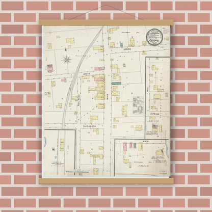 Old map wall art mockup — magnetic wood frame on brick wall — Sanborn Fire Insurance Map from Patoka, Gibson County, Indiana (1895), Sheet #0001