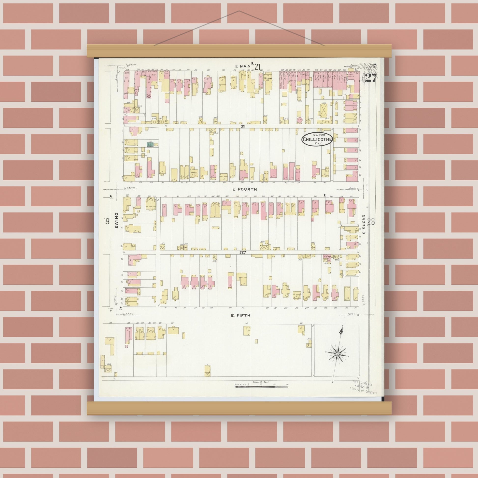 Old map wall art mockup — magnetic wood frame on brick wall — Sanborn Fire Insurance Map from Chillicothe, Ross County, Ohio (1909), Sheet #0027