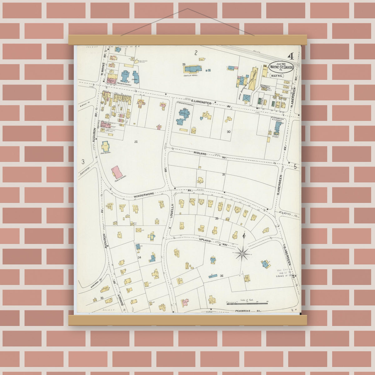 Old map wall art mockup — magnetic wood frame on brick wall — Sanborn Fire Insurance Map from Wayne, Delaware County, Pennsylvania (1902), Sheet #0004