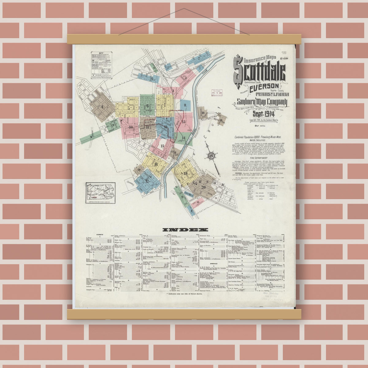 Old map wall art mockup — magnetic wood frame on brick wall — Sanborn Fire Insurance Map from Scottdale, Westmoreland County, Pennsylvania (1914) - Complete Map Set