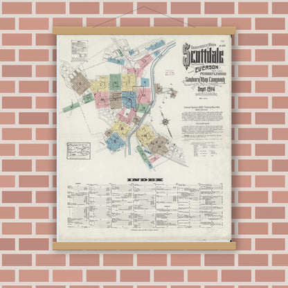 Old map wall art mockup — magnetic wood frame on brick wall — Sanborn Fire Insurance Map from Scottdale, Westmoreland County, Pennsylvania (1914) - Complete Map Set