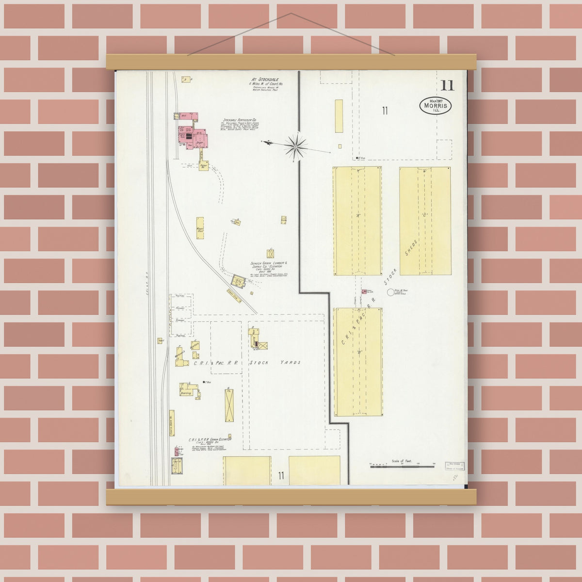 Old map wall art mockup — magnetic wood frame on brick wall — Sanborn Fire Insurance Map from Morris, Grundy County, Illinois (1907), Sheet #0011
