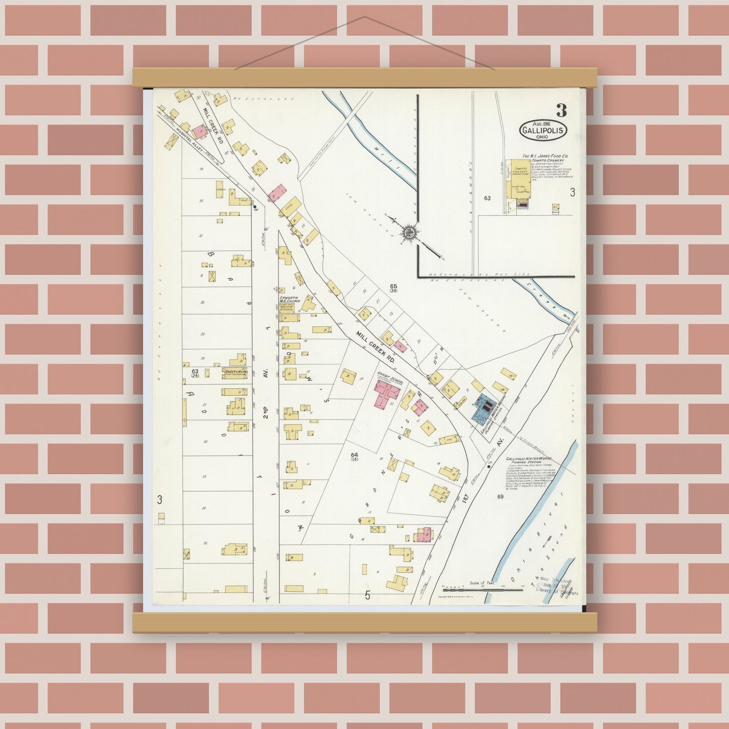 Old map wall art mockup — magnetic wood frame on brick wall — Sanborn Fire Insurance Map from Gallipolis, Gallia County, Ohio (1916), Sheet #0003