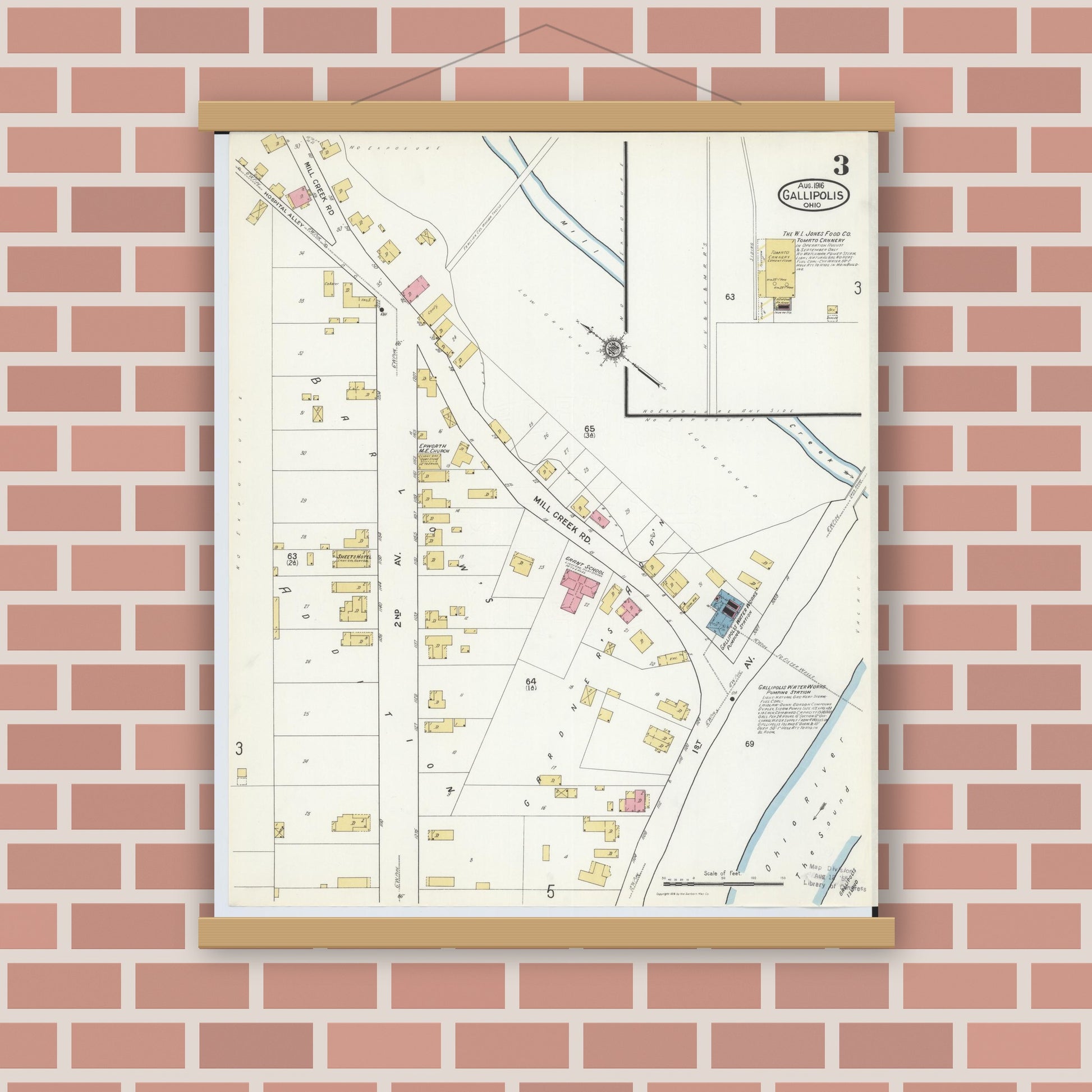 Old map wall art mockup — magnetic wood frame on brick wall — Sanborn Fire Insurance Map from Gallipolis, Gallia County, Ohio (1916), Sheet #0003