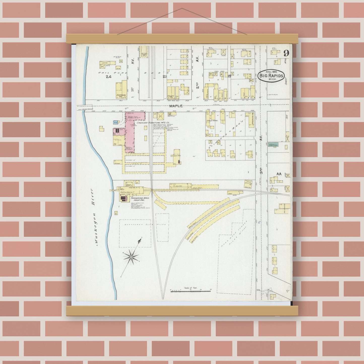 Old map wall art mockup — magnetic wood frame on brick wall — Sanborn Fire Insurance Map from Big Rapids, Mecosta County, Michigan (1892), Sheet #0009