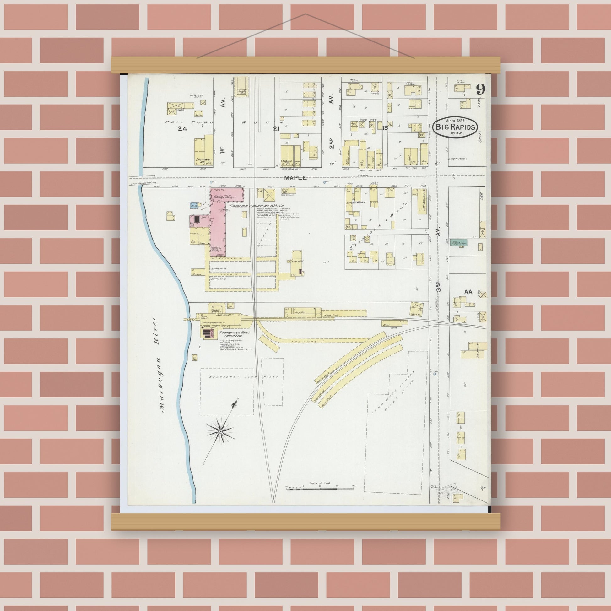 Old map wall art mockup — magnetic wood frame on brick wall — Sanborn Fire Insurance Map from Big Rapids, Mecosta County, Michigan (1892), Sheet #0009