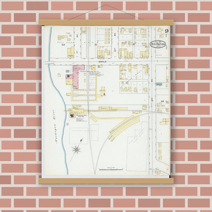 Old map wall art mockup — magnetic wood frame on brick wall — Sanborn Fire Insurance Map from Big Rapids, Mecosta County, Michigan (1892), Sheet #0009