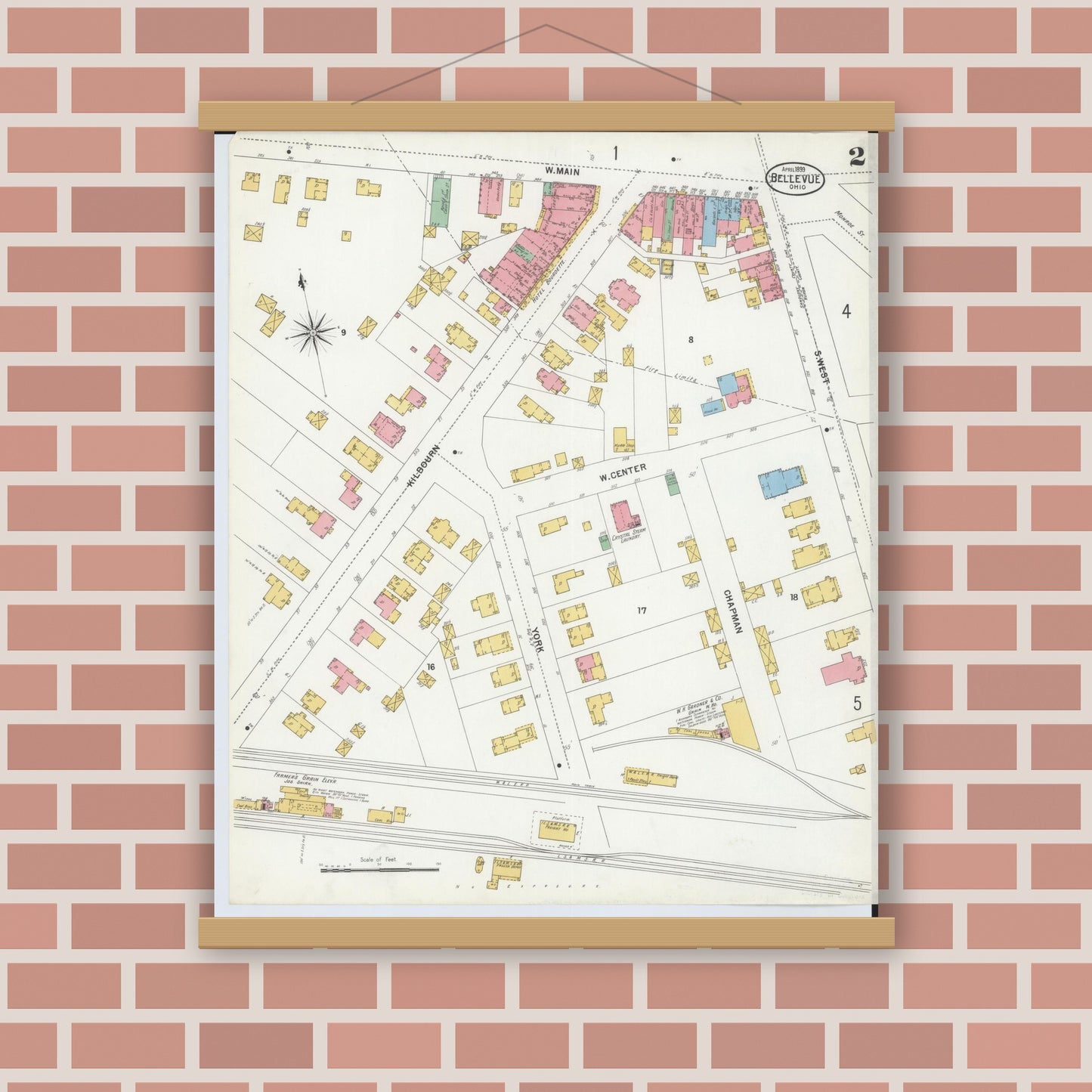 Old map wall art mockup — magnetic wood frame on brick wall — Sanborn Fire Insurance Map from Bellevue, Huron And Sandusky County, Ohio (1899), Sheet #0002