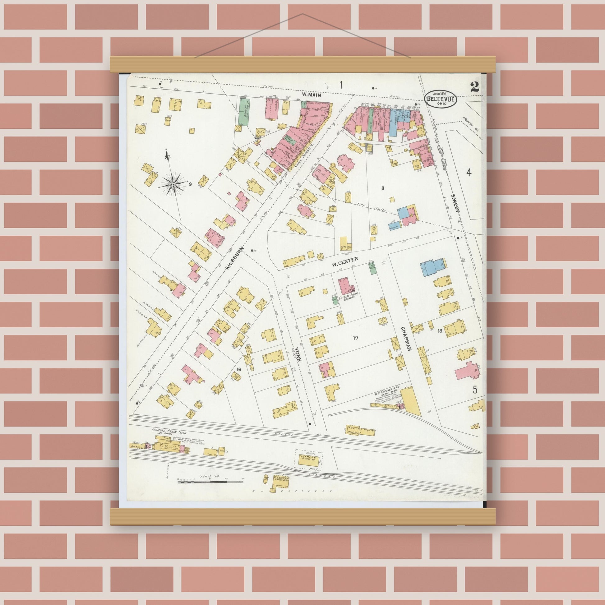 Old map wall art mockup — magnetic wood frame on brick wall — Sanborn Fire Insurance Map from Bellevue, Huron And Sandusky County, Ohio (1899), Sheet #0002