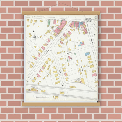 Old map wall art mockup — magnetic wood frame on brick wall — Sanborn Fire Insurance Map from Bellevue, Huron And Sandusky County, Ohio (1899), Sheet #0002