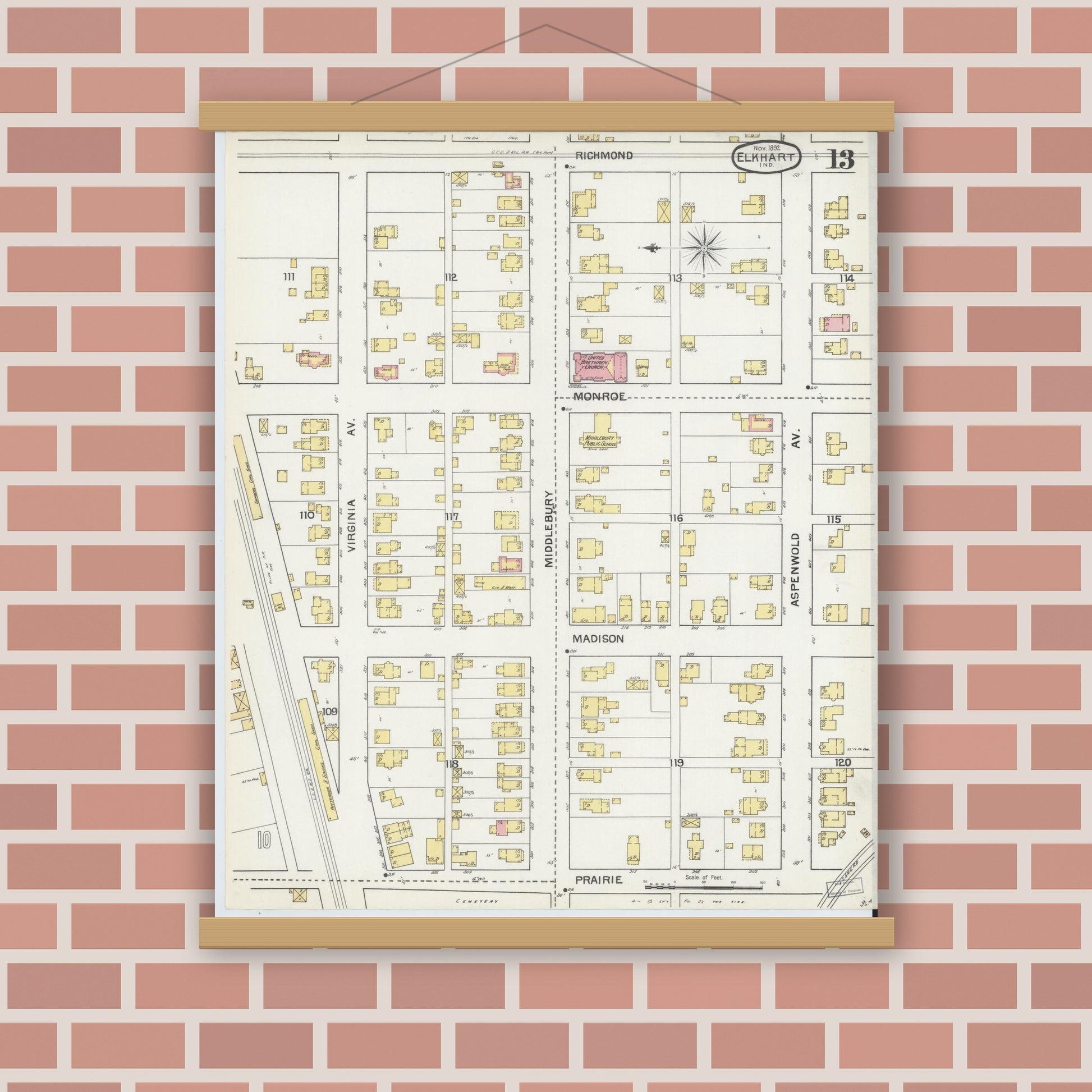 Old map wall art mockup — magnetic wood frame on brick wall — Sanborn Fire Insurance Map from Elkhart, Elkhart County, Indiana (1892), Sheet #0013