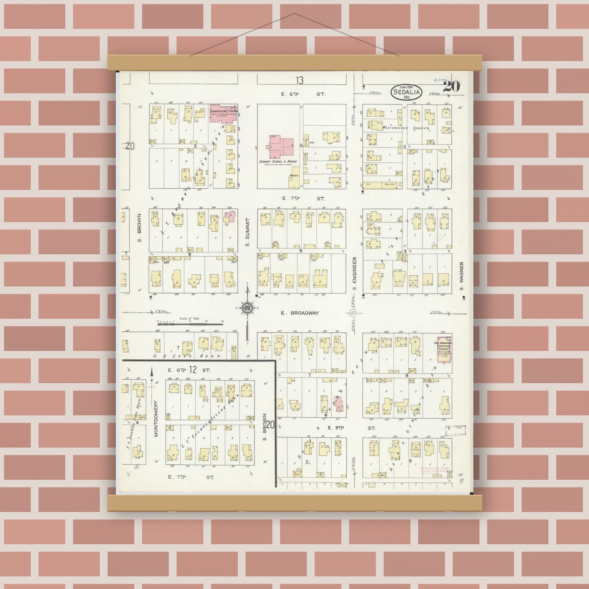 Old map wall art mockup — magnetic wood frame on brick wall — Sanborn Fire Insurance Map from Sedalia, Pettis County, Missouri (1914), Sheet #0020
