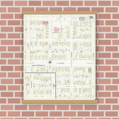 Old map wall art mockup — magnetic wood frame on brick wall — Sanborn Fire Insurance Map from Sedalia, Pettis County, Missouri (1914), Sheet #0020