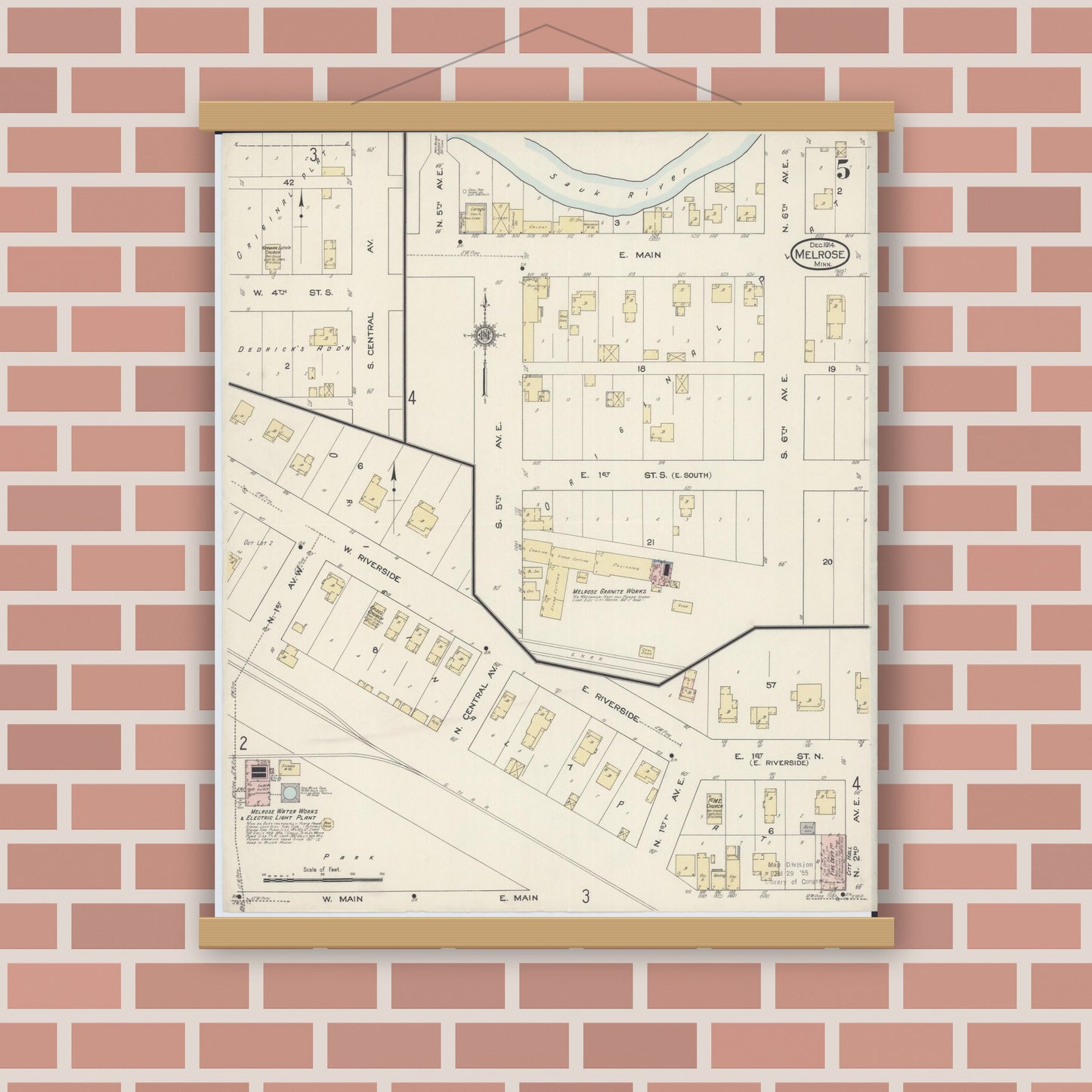 Old map wall art mockup — magnetic wood frame on brick wall — Sanborn Fire Insurance Map from Melrose, Stearns County, Minnesota (1914), Sheet #0005