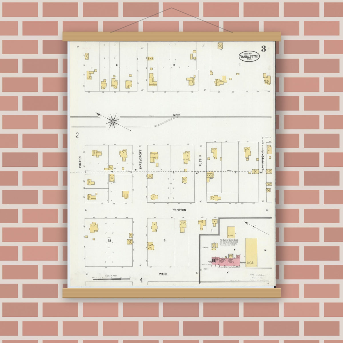 Old map wall art mockup — magnetic wood frame on brick wall — Sanborn Fire Insurance Map from Van Alstyne, Grayson County, Texas (1901), Sheet #0003