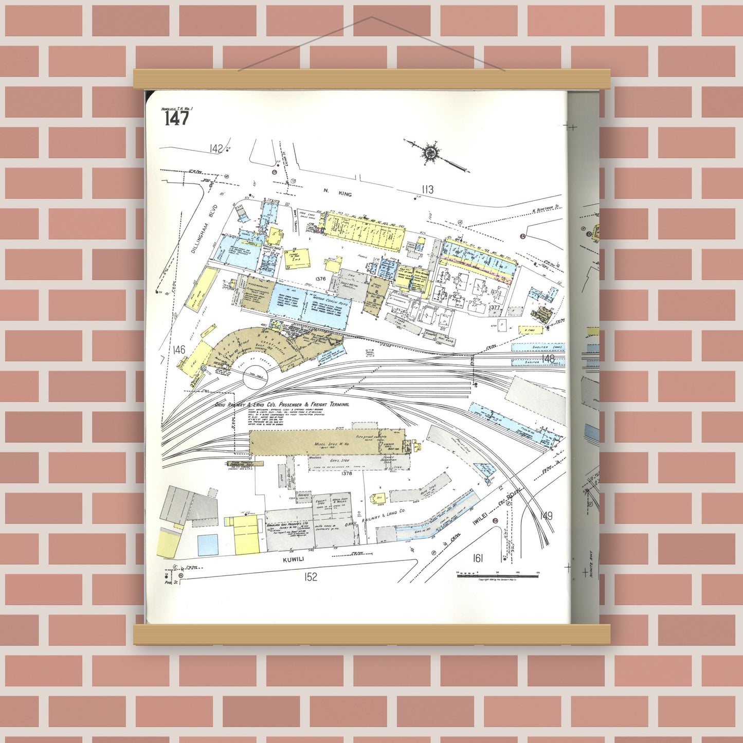 Old map wall art mockup — magnetic wood frame on brick wall — Sanborn Fire Insurance Map from Honolulu, Oahu County, Hawaii (1955), Sheet #0147