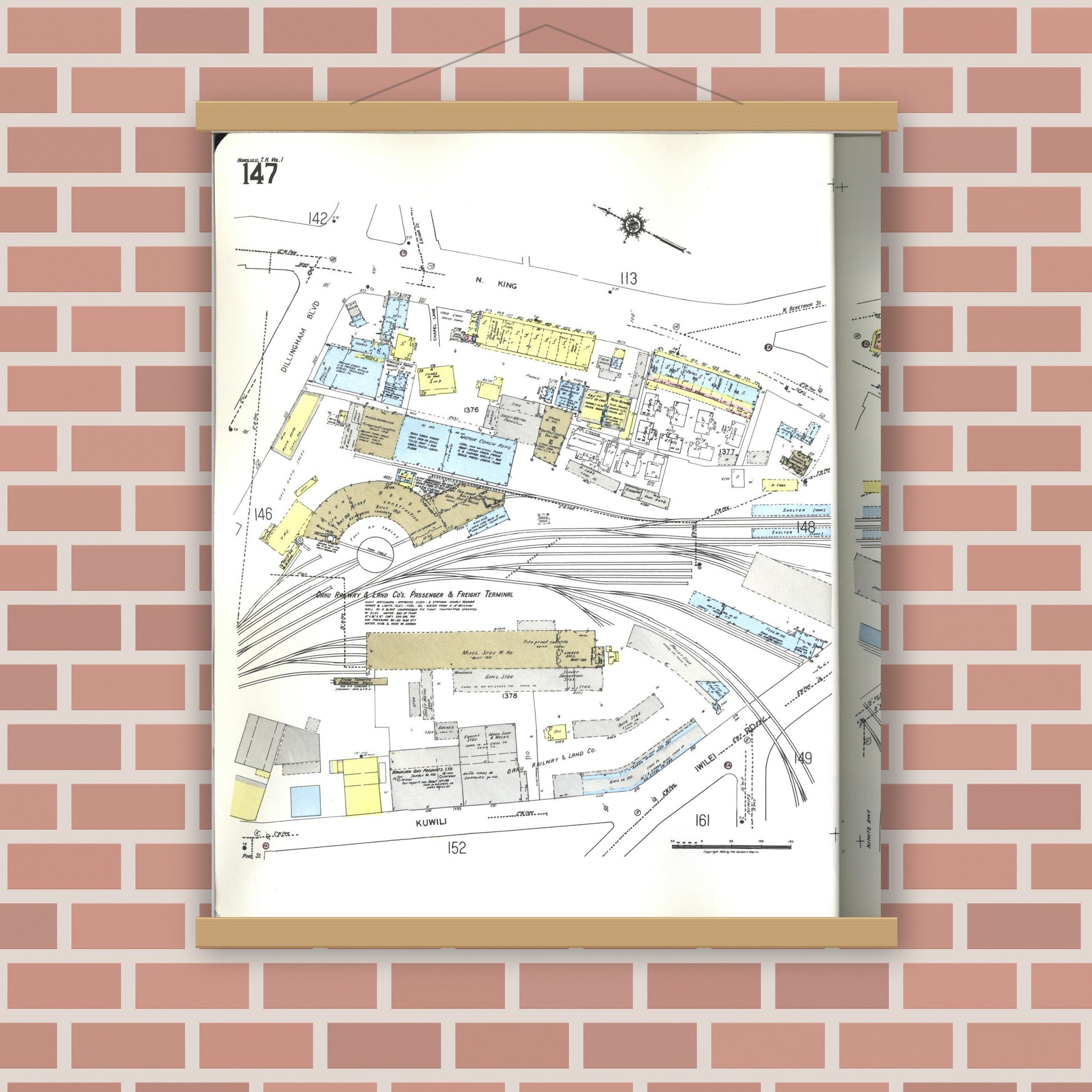 Old map wall art mockup — magnetic wood frame on brick wall — Sanborn Fire Insurance Map from Honolulu, Oahu County, Hawaii (1955), Sheet #0147