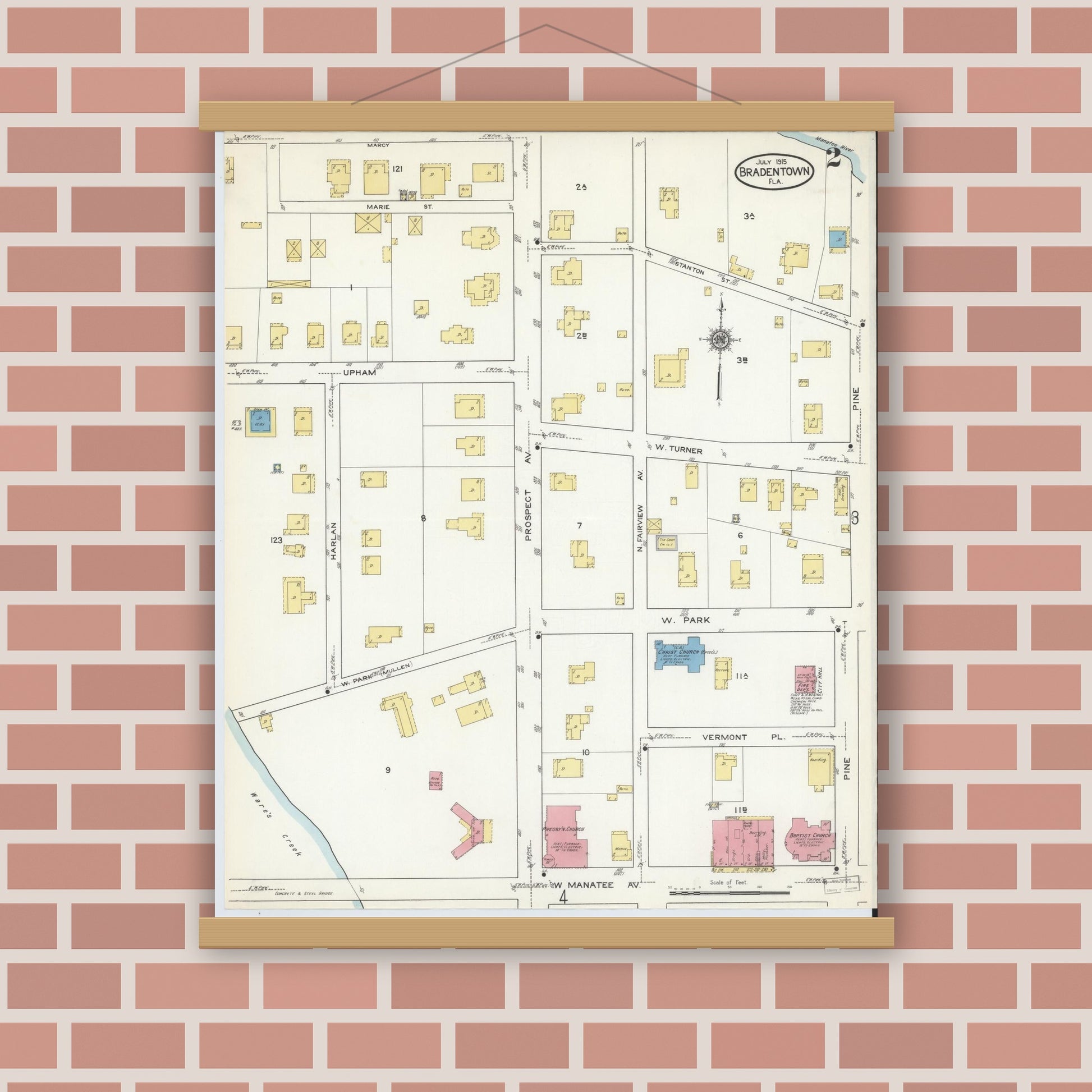 Old map wall art mockup — magnetic wood frame on brick wall — Sanborn Fire Insurance Map from Bradentown, Manatee County, Florida (1915), Sheet #0002