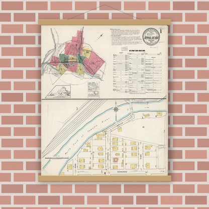 Old map wall art mockup — magnetic wood frame on brick wall — Sanborn Fire Insurance Map from Appalachia, Wise County, Virginia (1922), Sheet #0001