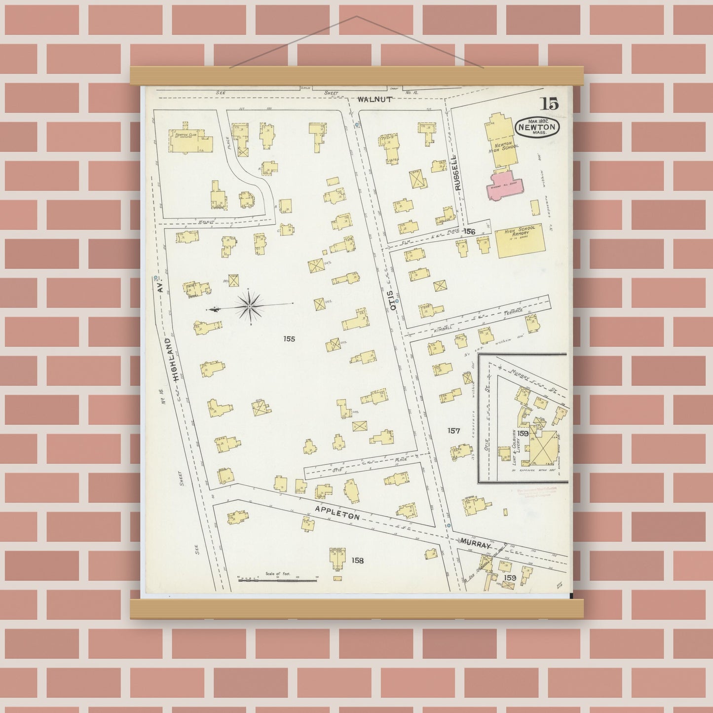 Old map wall art mockup — magnetic wood frame on brick wall — Sanborn Fire Insurance Map from Newton, Middlesex County, Massachusetts (1892), Sheet #0015