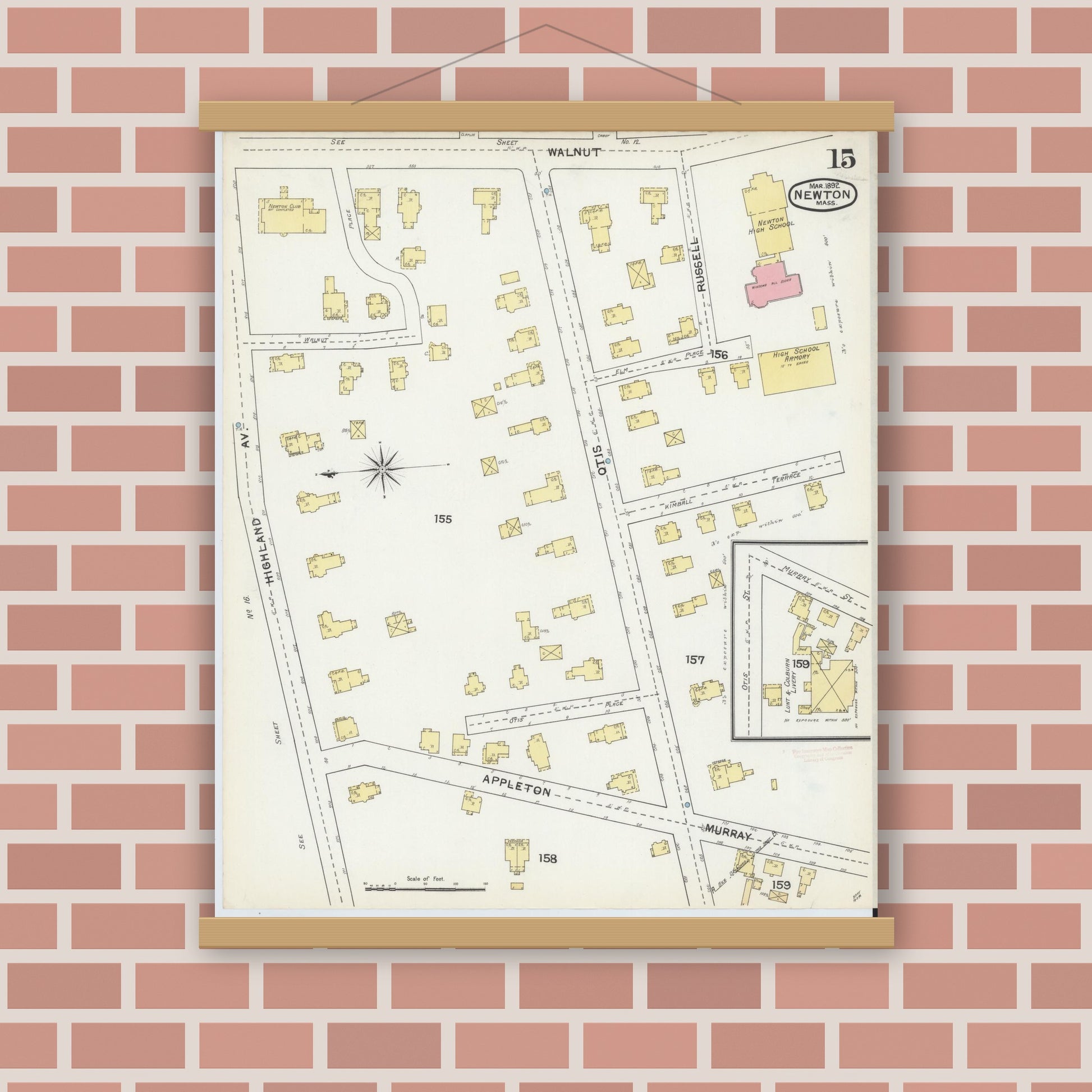Old map wall art mockup — magnetic wood frame on brick wall — Sanborn Fire Insurance Map from Newton, Middlesex County, Massachusetts (1892), Sheet #0015