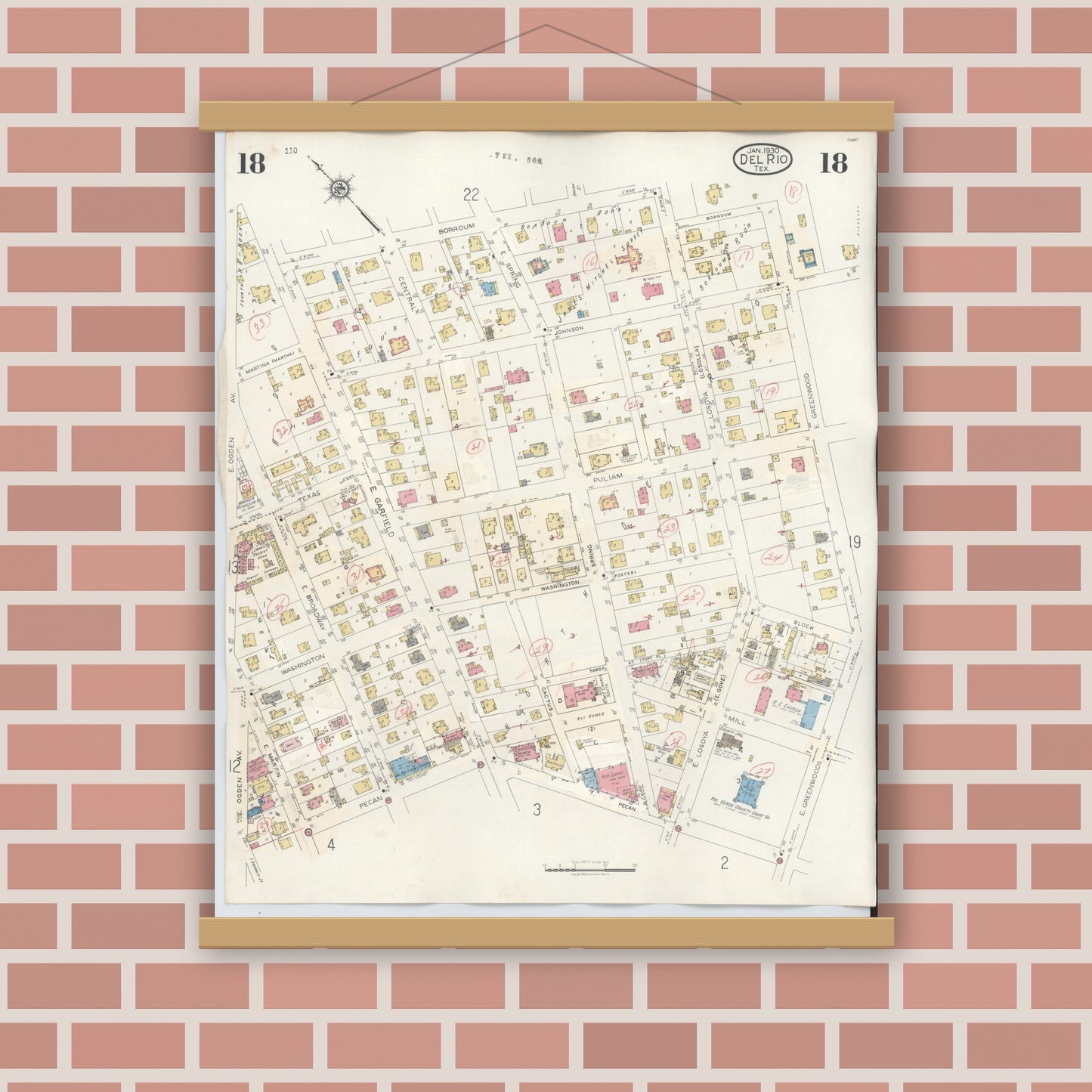 Old map wall art mockup — magnetic wood frame on brick wall — Sanborn Fire Insurance Map from Del Rio, Val Verde County, Texas (1948), Sheet #0018