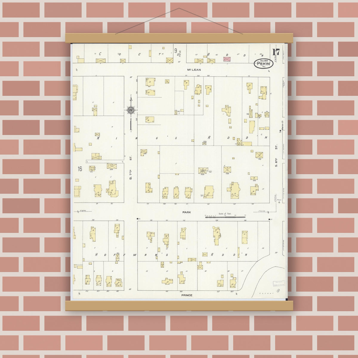 Old map wall art mockup — magnetic wood frame on brick wall — Sanborn Fire Insurance Map from Pekin, Tazewell County, Illinois (1909), Sheet #0017