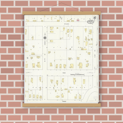 Old map wall art mockup — magnetic wood frame on brick wall — Sanborn Fire Insurance Map from Pekin, Tazewell County, Illinois (1909), Sheet #0017