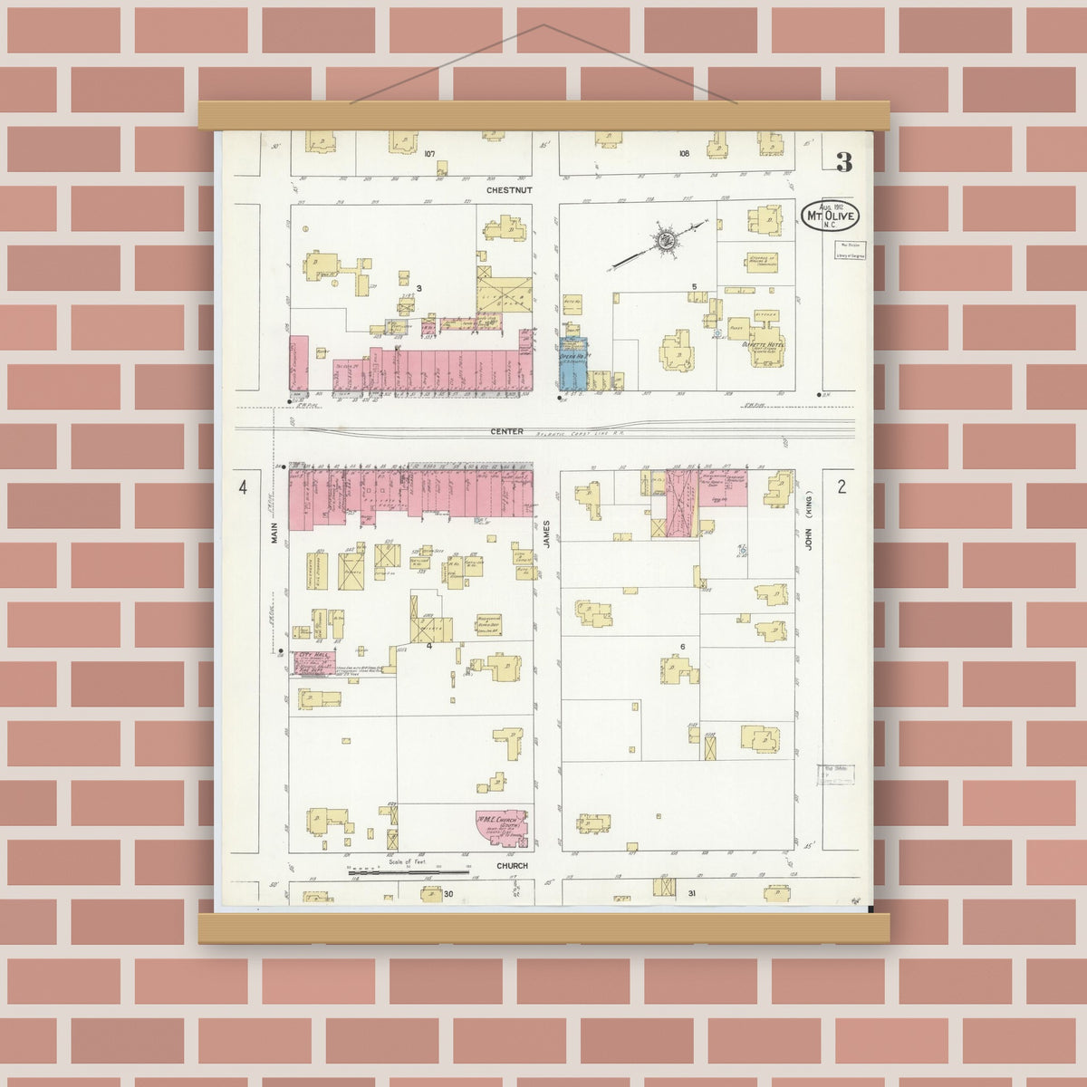 Old map wall art mockup — magnetic wood frame on brick wall — Sanborn Fire Insurance Map from Mount Olive, Wayne County, North Carolina (1912), Sheet #0003