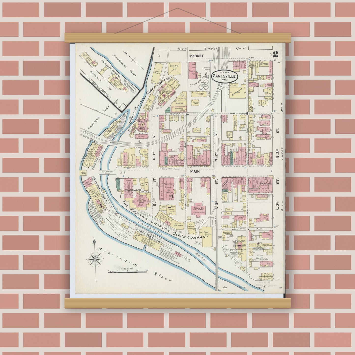 Old map wall art mockup — magnetic wood frame on brick wall — Sanborn Fire Insurance Map from Zanesville, Muskingum County, Ohio (1889), Sheet #0002