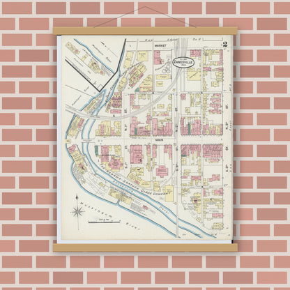 Old map wall art mockup — magnetic wood frame on brick wall — Sanborn Fire Insurance Map from Zanesville, Muskingum County, Ohio (1889), Sheet #0002