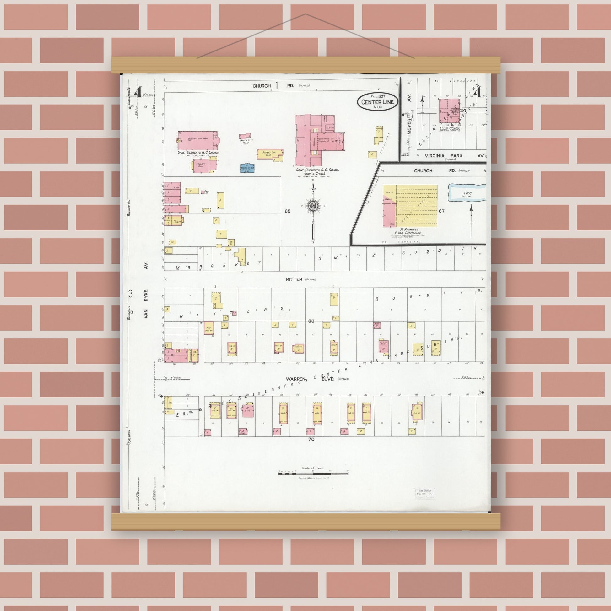 Old map wall art mockup — magnetic wood frame on brick wall — Sanborn Fire Insurance Map from Center Line, Macomb County, Michigan (1927), Sheet #0004