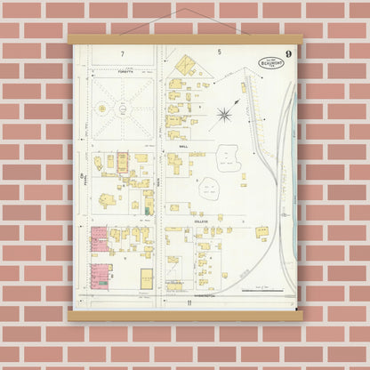 Old map wall art mockup — magnetic wood frame on brick wall — Sanborn Fire Insurance Map from Beaumont, Jefferson County, Texas (1904), Sheet #0009