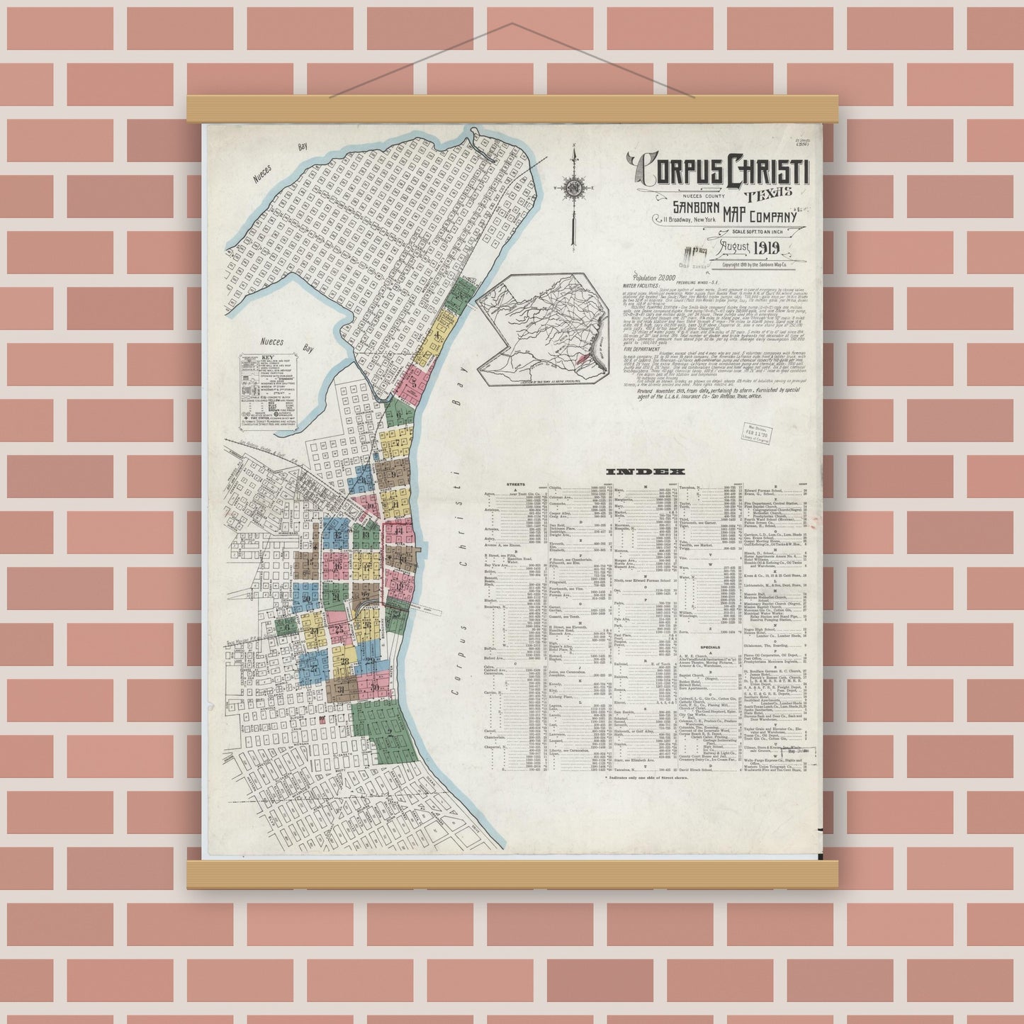 Old map wall art mockup — magnetic wood frame on brick wall — Sanborn Fire Insurance Map from Corpus Christi, Nueces County, Texas (1919), Sheet #0001