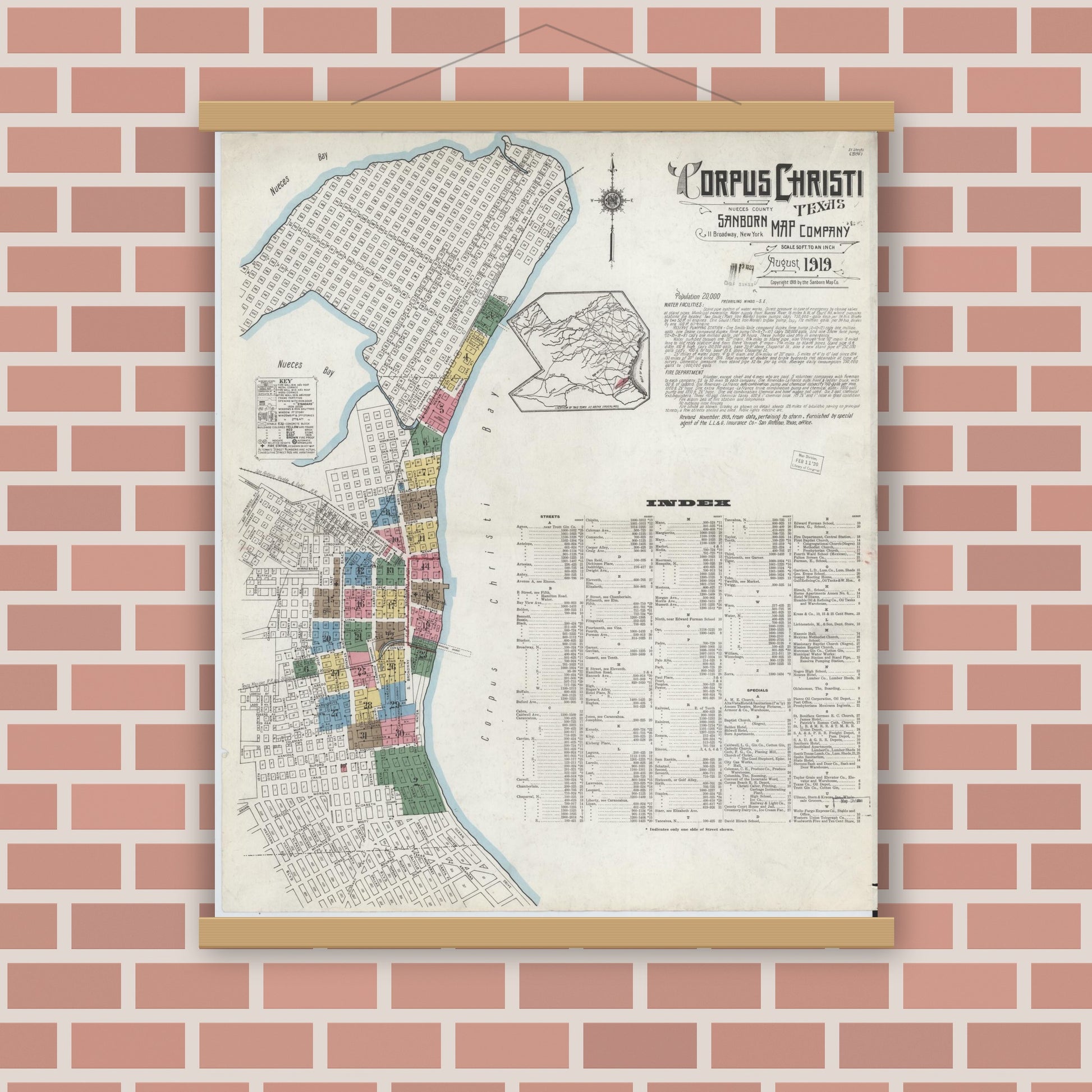 Old map wall art mockup — magnetic wood frame on brick wall — Sanborn Fire Insurance Map from Corpus Christi, Nueces County, Texas (1919), Sheet #0001