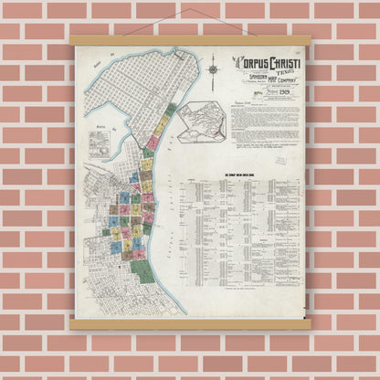 Old map wall art mockup — magnetic wood frame on brick wall — Sanborn Fire Insurance Map from Corpus Christi, Nueces County, Texas (1919), Sheet #0001