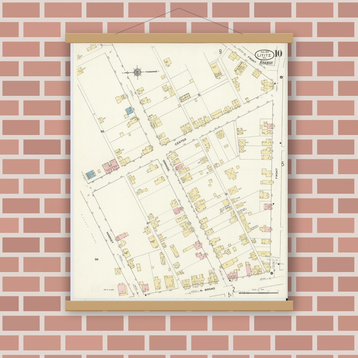 Old map wall art mockup — magnetic wood frame on brick wall — Sanborn Fire Insurance Map from Lititz, Lancaster County, Pennsylvania (1912), Sheet #0010