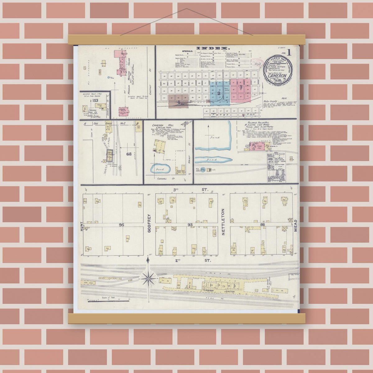 Old map wall art mockup — magnetic wood frame on brick wall — Sanborn Fire Insurance Map from Cameron, Clinton County, Missouri (1891) - Complete Map Set