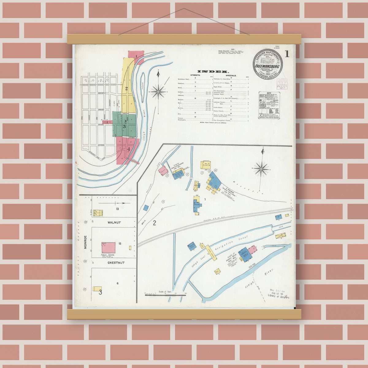 Old map wall art mockup — magnetic wood frame on brick wall — Sanborn Fire Insurance Map from Freemansburg, Northampton County, Pennsylvania (1905) - Complete Map Set
