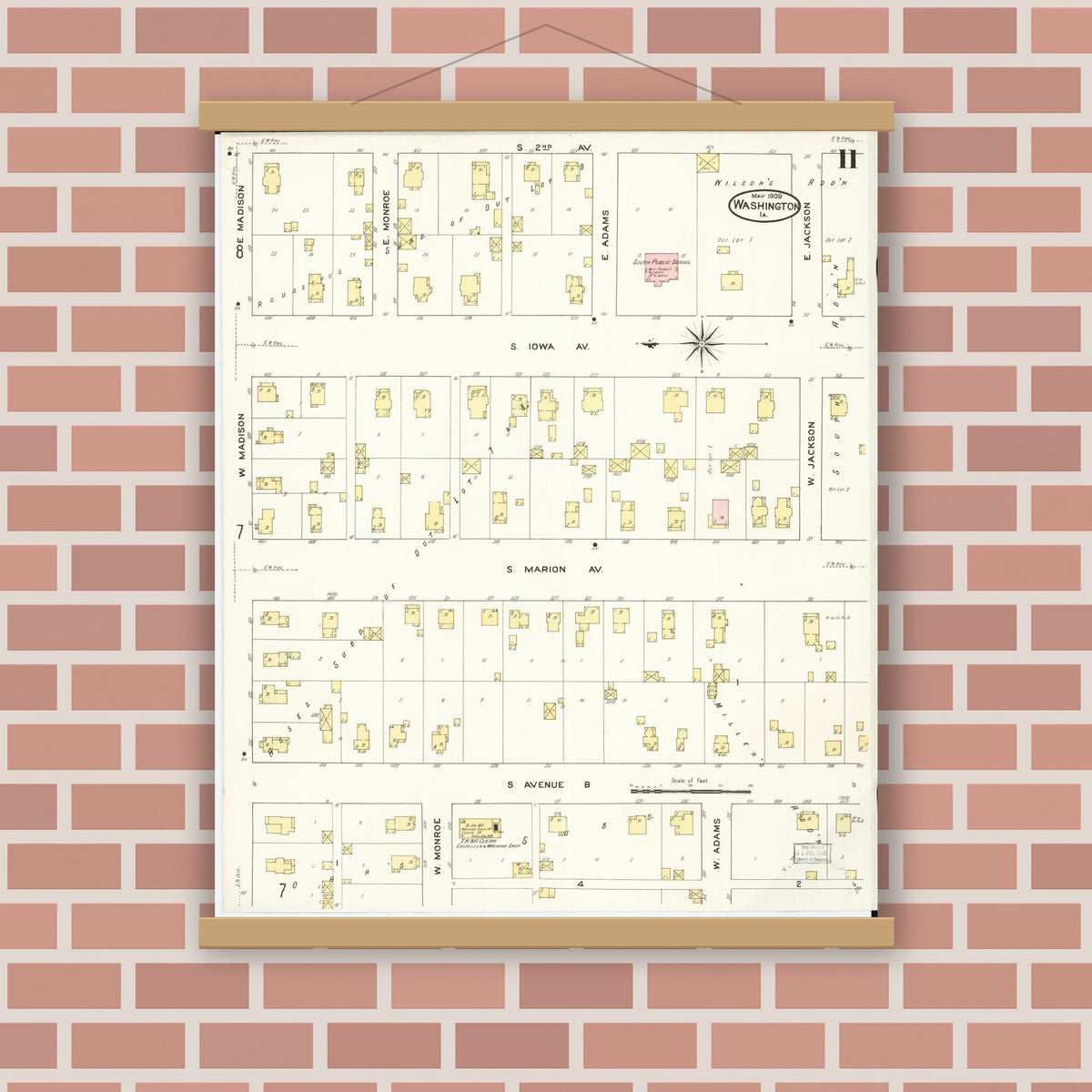 Old map wall art mockup — magnetic wood frame on brick wall — Sanborn Fire Insurance Map from Washington, Washington County, Iowa (1909), Sheet #0011