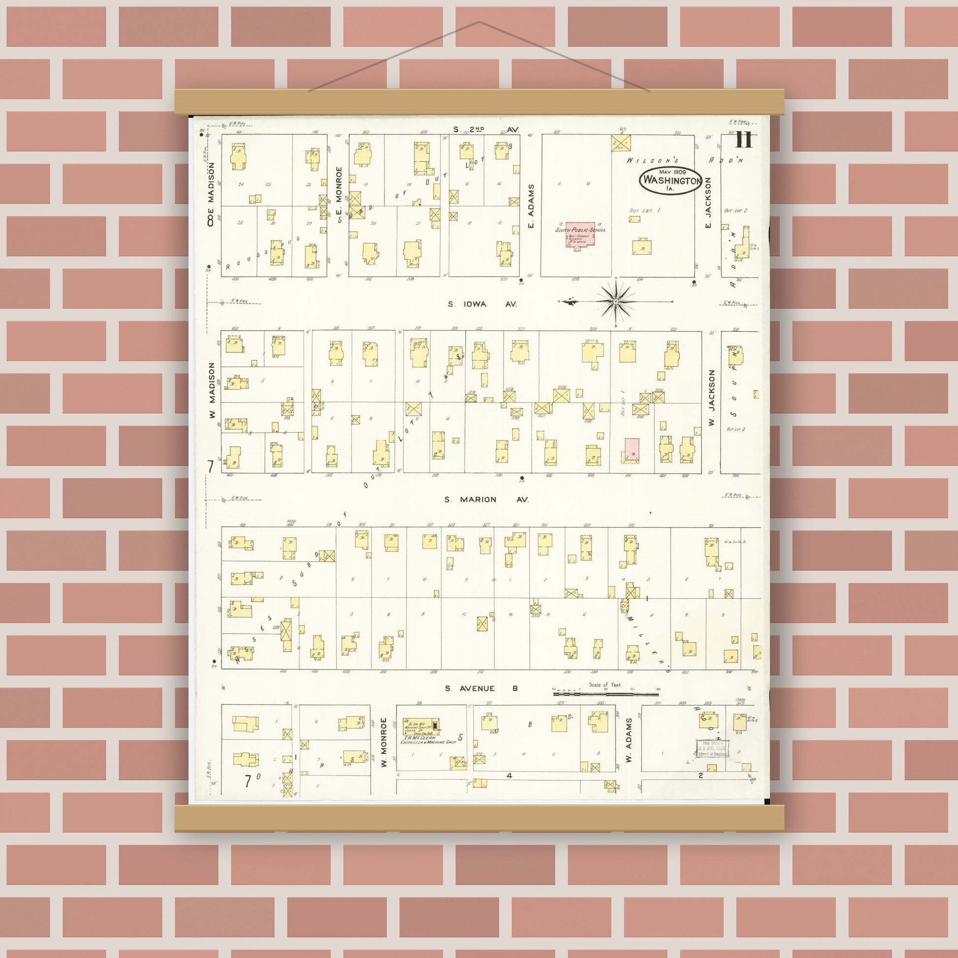 Old map wall art mockup — magnetic wood frame on brick wall — Sanborn Fire Insurance Map from Washington, Washington County, Iowa (1909), Sheet #0011