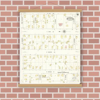 Old map wall art mockup — magnetic wood frame on brick wall — Sanborn Fire Insurance Map from Washington, Washington County, Iowa (1909), Sheet #0011