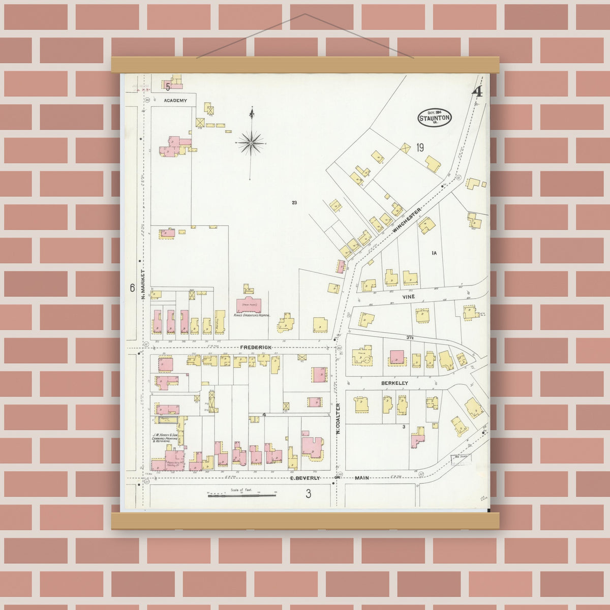 Old map wall art mockup — magnetic wood frame on brick wall — Sanborn Fire Insurance Map from Staunton, Independent Cities, Virginia (1904), Sheet #0004