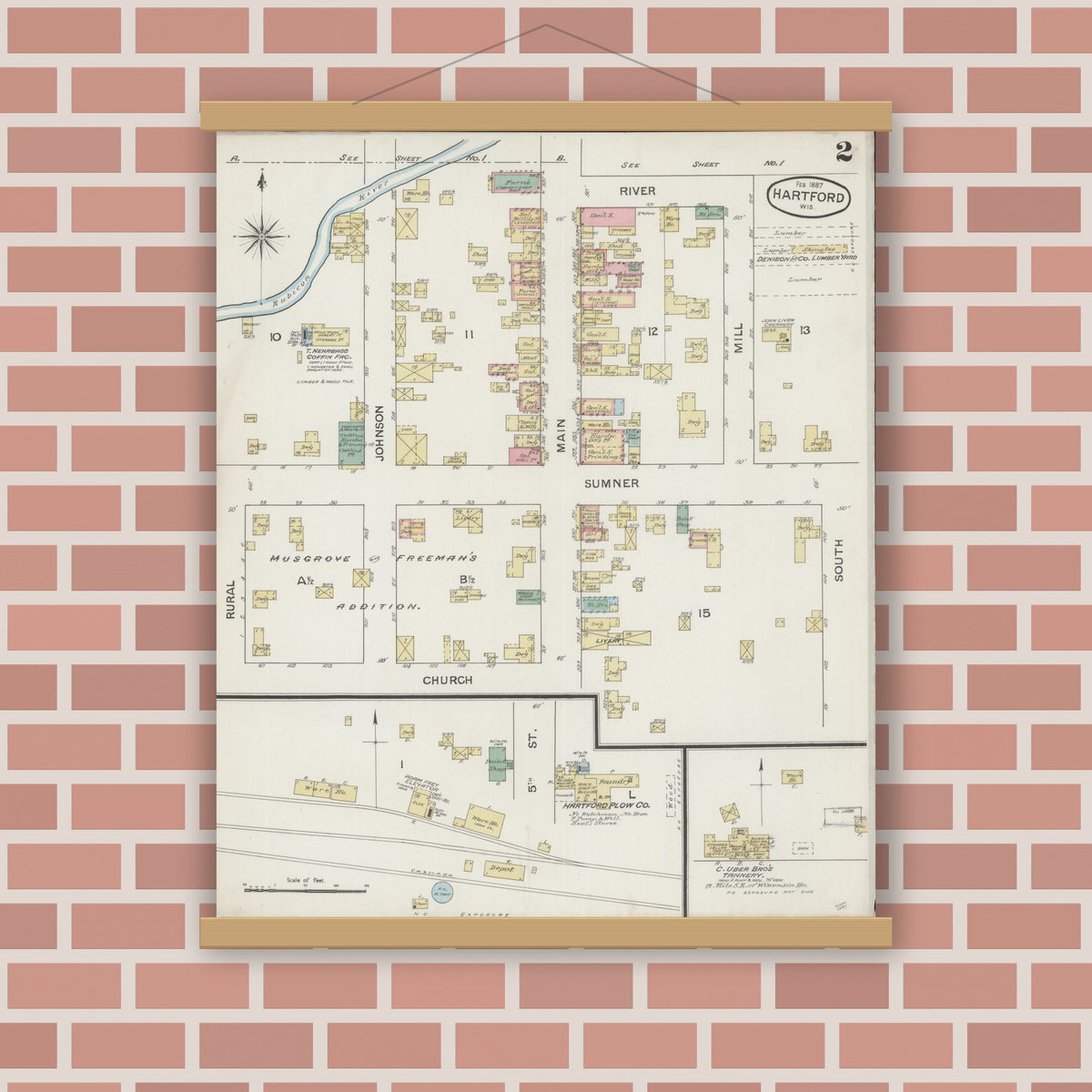 Old map wall art mockup — magnetic wood frame on brick wall — Sanborn Fire Insurance Map from Hartford, Washington County, Wisconsin (1887), Sheet #0002