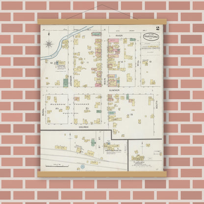 Old map wall art mockup — magnetic wood frame on brick wall — Sanborn Fire Insurance Map from Hartford, Washington County, Wisconsin (1887), Sheet #0002
