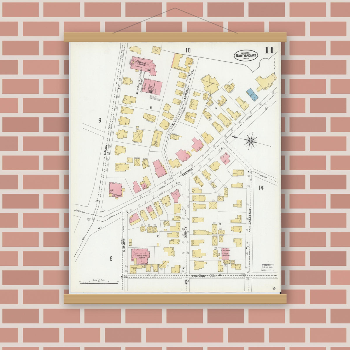 Old map wall art mockup — magnetic wood frame on brick wall — Sanborn Fire Insurance Map from North Adams, Berkshire County, Massachusetts (1901), Sheet #0011