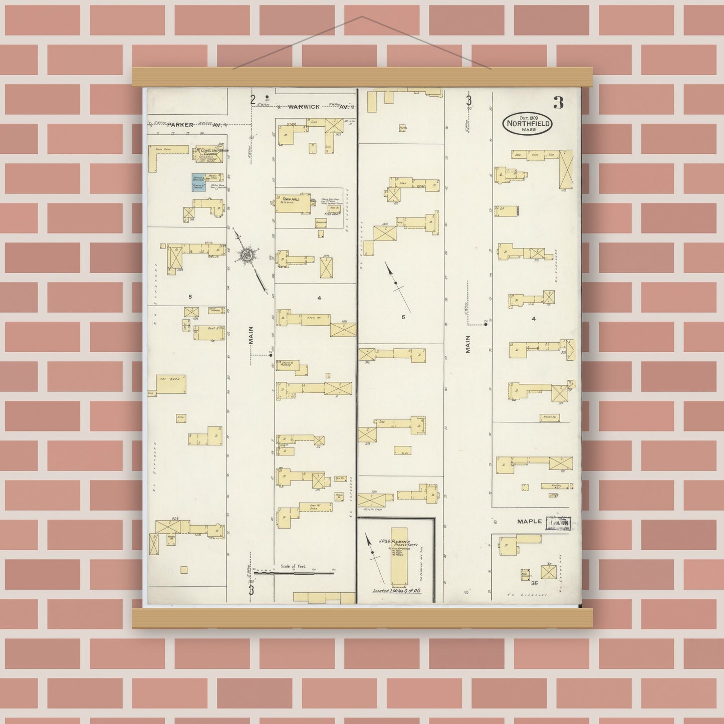 Old map wall art mockup — magnetic wood frame on brick wall — Sanborn Fire Insurance Map from Northfield, Franklin County, Massachusetts (1909), Sheet #0003