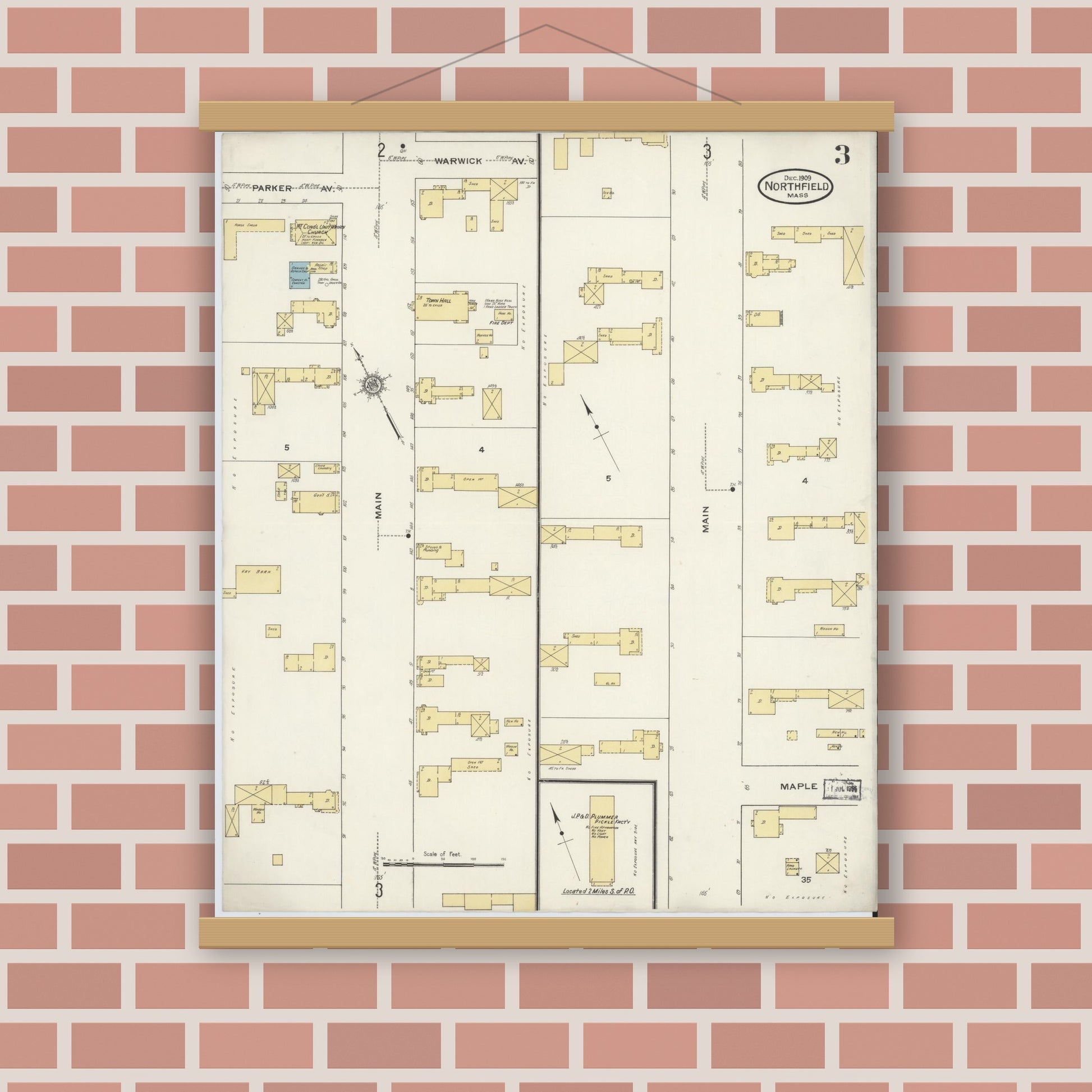 Old map wall art mockup — magnetic wood frame on brick wall — Sanborn Fire Insurance Map from Northfield, Franklin County, Massachusetts (1909), Sheet #0003